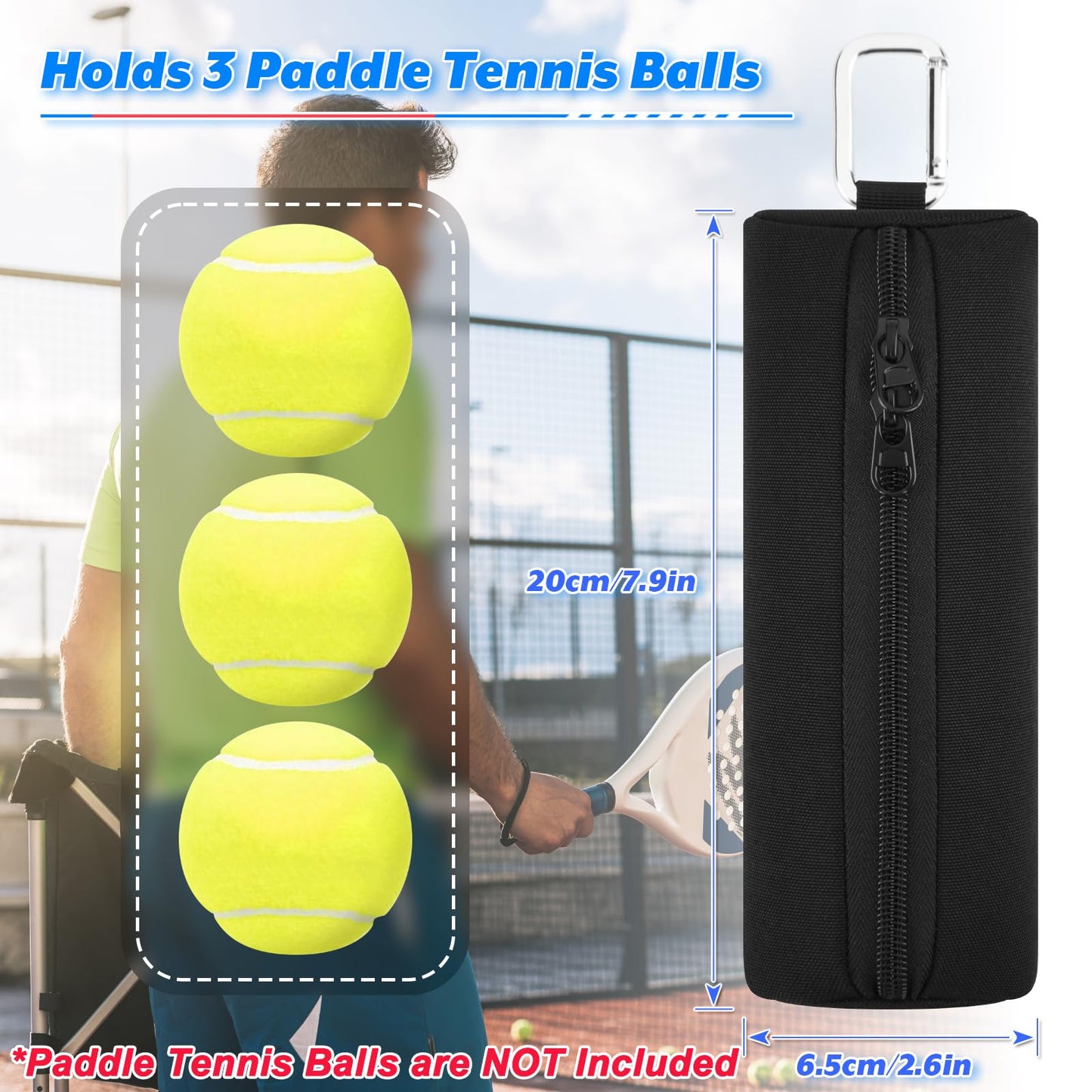 Easecos Padel Ball Holder Portable Paddleball Storage Bag with Metal Hook, Paddle Tennis Ball Carry Bag Holds 3 Pcs Regular Paddleball, Tennis Training Accessories Pouch