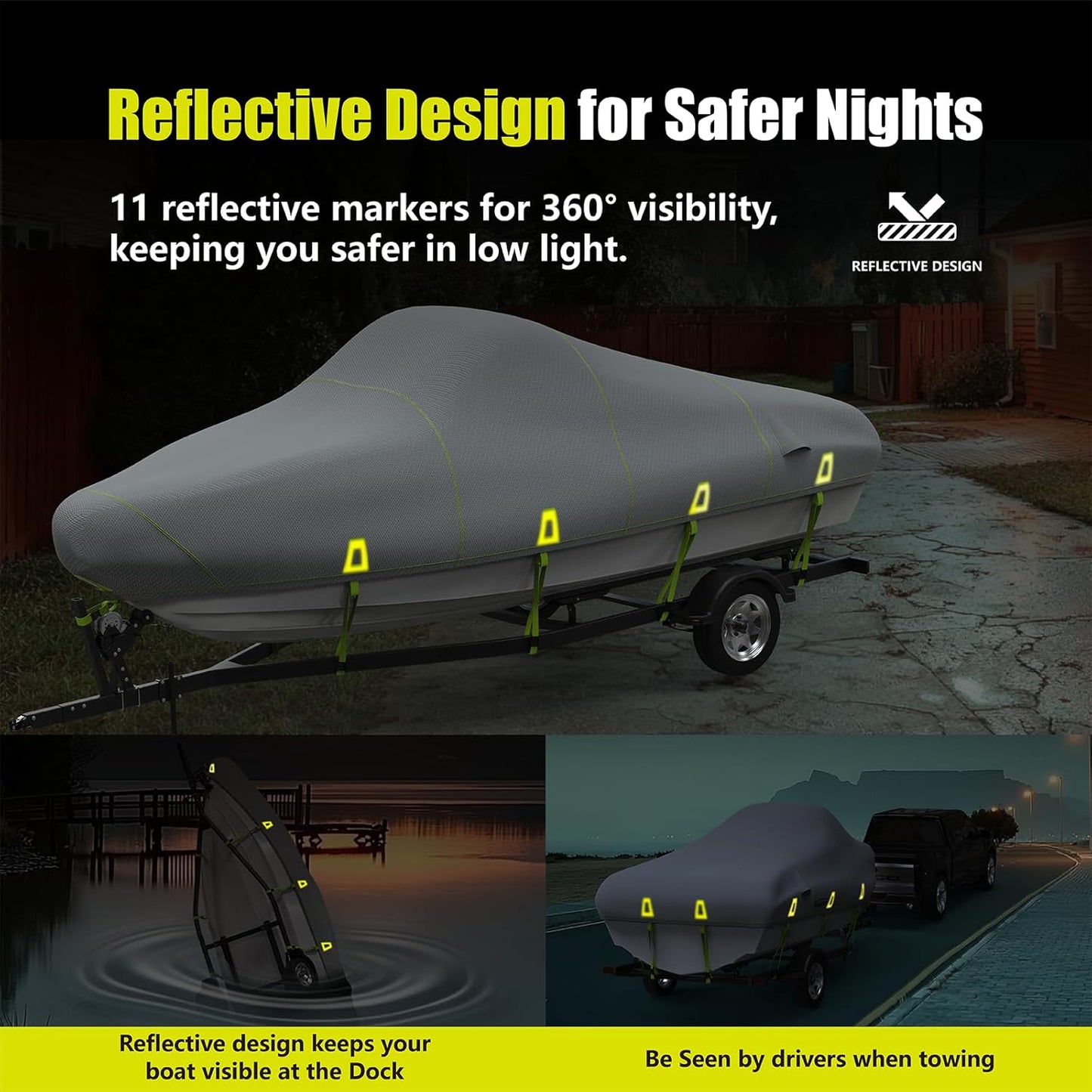 YSPACE Boat Cover - 17-19ft Heavy Duty Waterproof 1200D with Reflective Strips & Storage Bag | Fits V-Hull & Fishing Boats Up to 96" Wide