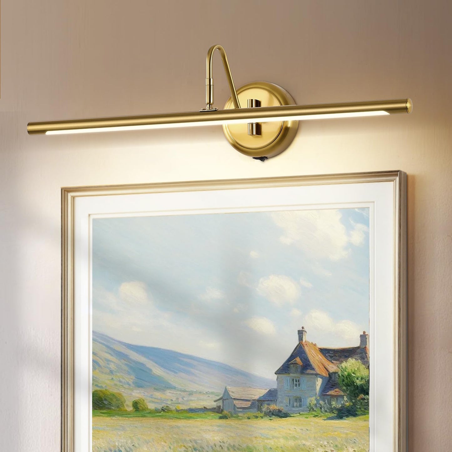 JOOSENLUX Battery Operated Picture Lights Modern Wireless Wall Lights 24.4" Inch Dimmable Under Counter Lights for Kitchen with Swing Arm as Canvas Wall Sconce Light Brass 3000K CRI95+