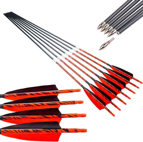 Archery Traditional Arrows - 30/32 Inch Carbon Shafts with Turkey Feathers for Recurve & Compound Bows | 12PCS