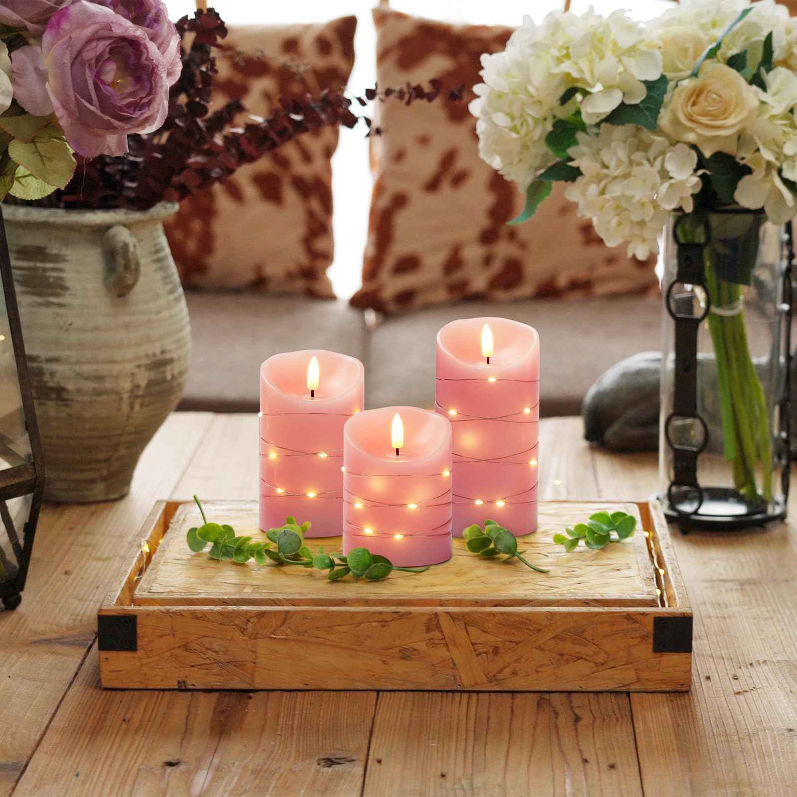 Homemory Flameless Candles with String Lights, 3 Pack Embedded Fairy String Lights LED Candles, Electric Flickering Candles with Remote Control and Timer, Real Wax, Pink