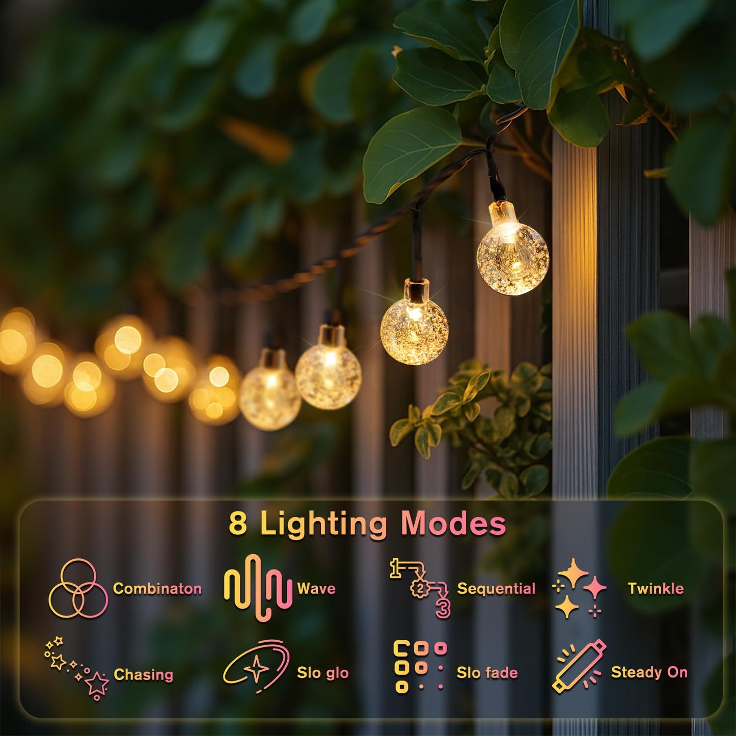 Metaku Solar String Lights for Outside, 20FT 30 LED Crystal Globe String Lights, Solar Powered Outdoor Lights with 8 Lighting Modes, Patio Hanging Lights for Garden, Camping and Party Décor Warm Whit