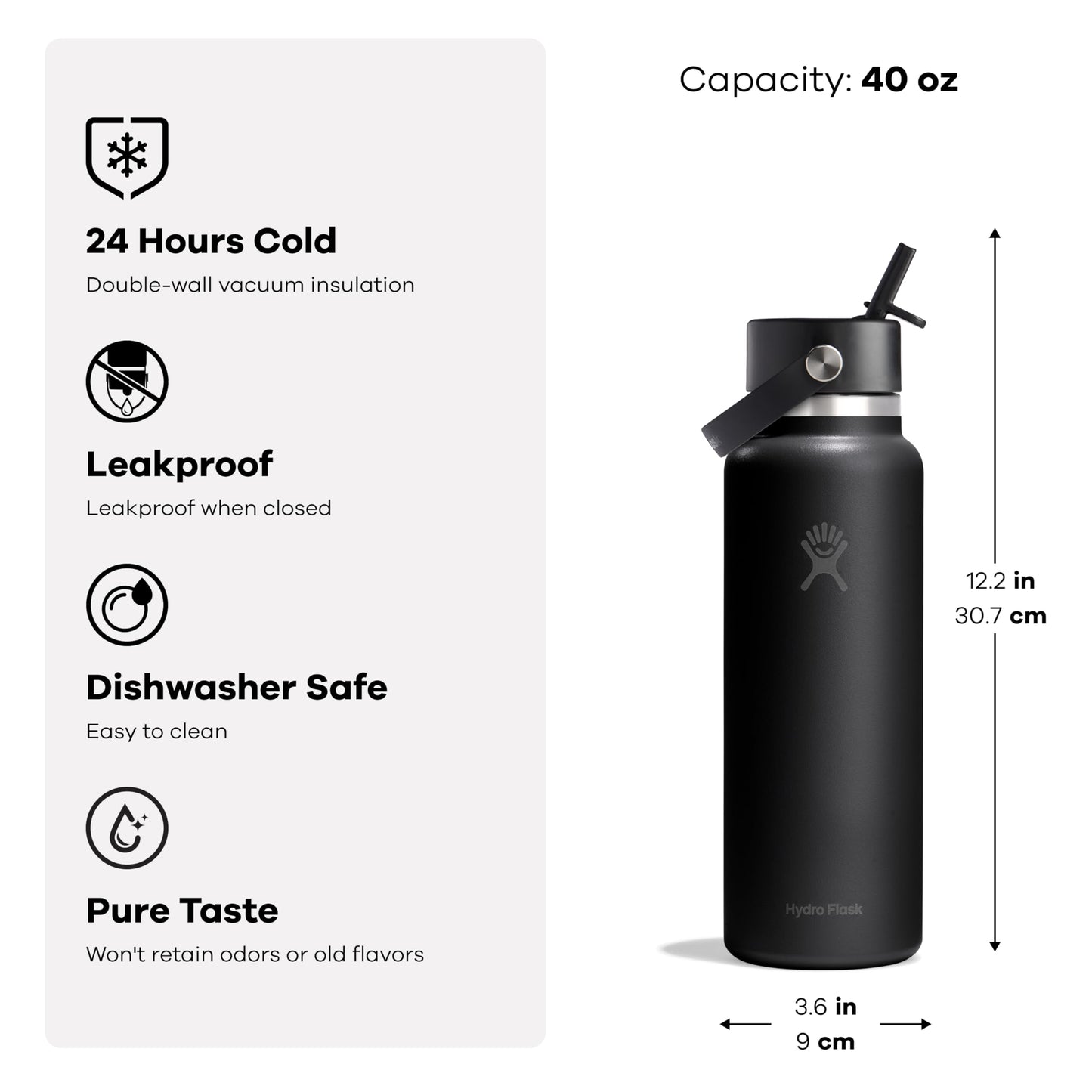 Hydro Flask Water Bottle - Insulated Stainless Steel - Wide Straw Lid, Non Spill, Leakproof in 40 Oz Shale Gray