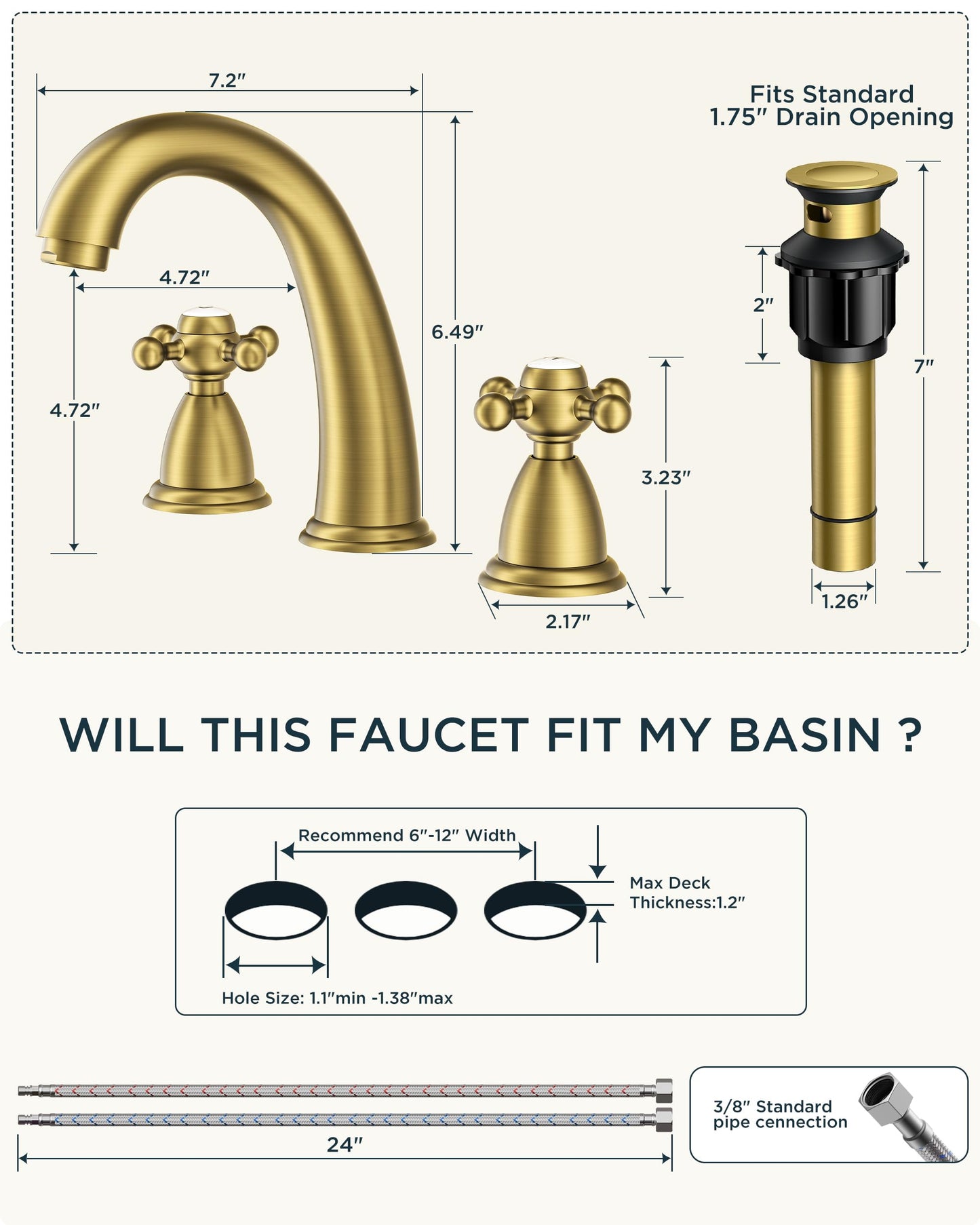 FORIOUS Brushed Gold Bathroom Faucet, Bathroom Sink Faucet 3 Hole with Pop Up Drain and Water Hose Supply, 2 Cross Handle Design, for Vanity RV Farmhouse Sink