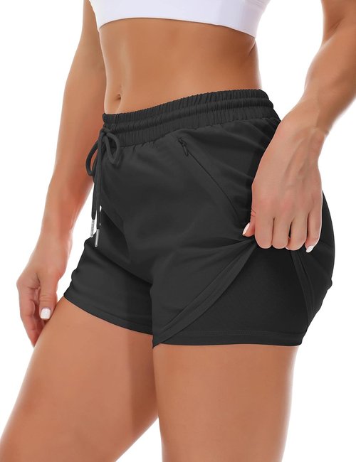 Mancreda Women's Running Shorts - Elastic Workout Shorts with 3 Zipper Pockets | Gym & Yoga