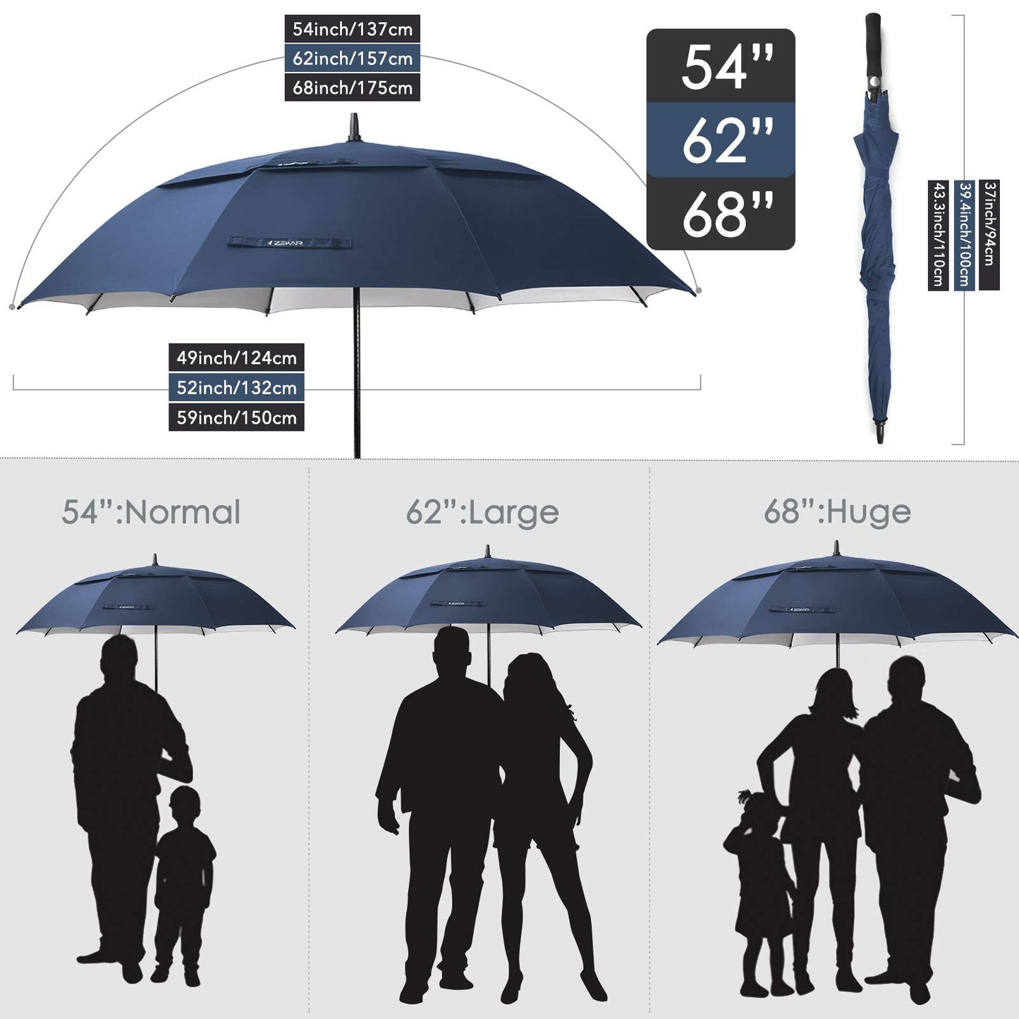 ZEKAR 54/62/68 inch Rain/Sun Windproof Large UV Protection Golf Umbrella
