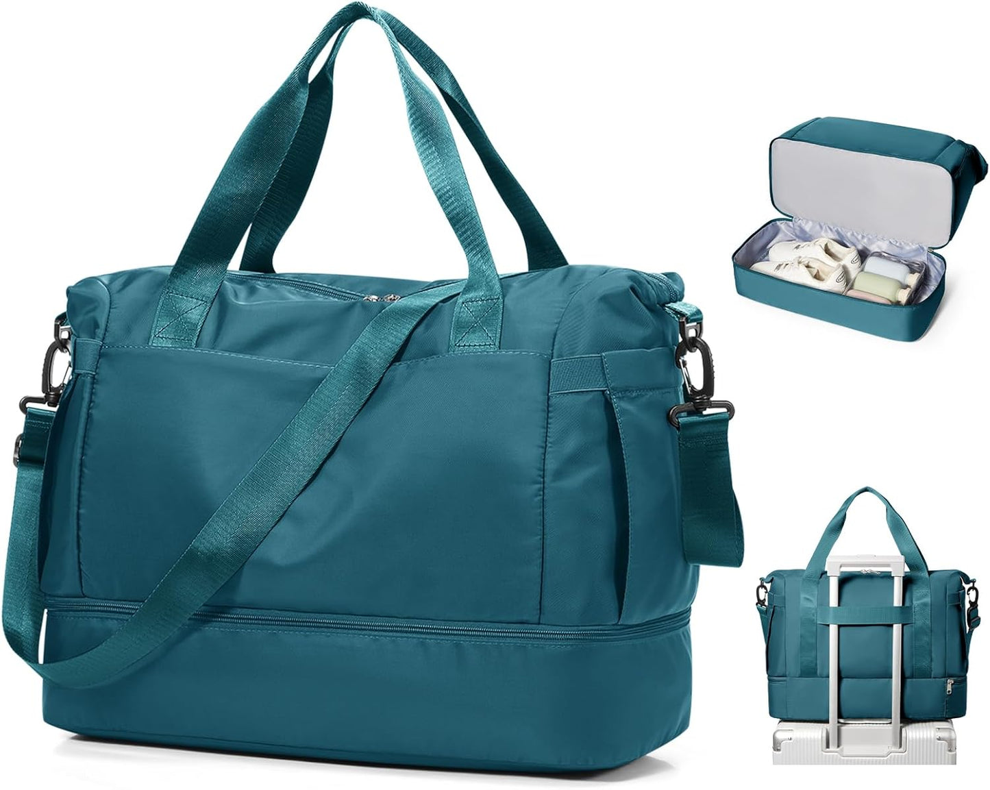 Skiennix Travel Duffel Bag - Large Waterproof Weekender with Shoe Compartment & Trolley Sleeve - Peacock Blue
