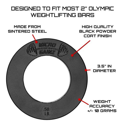 Micro Gainz Olympic Fractional Weight Plates Set, 8 Piece .50LB Olympic Weight Plates Set with Bag, Designed for Olympic Barbells for Strength Training and Micro Loading, Made in USA