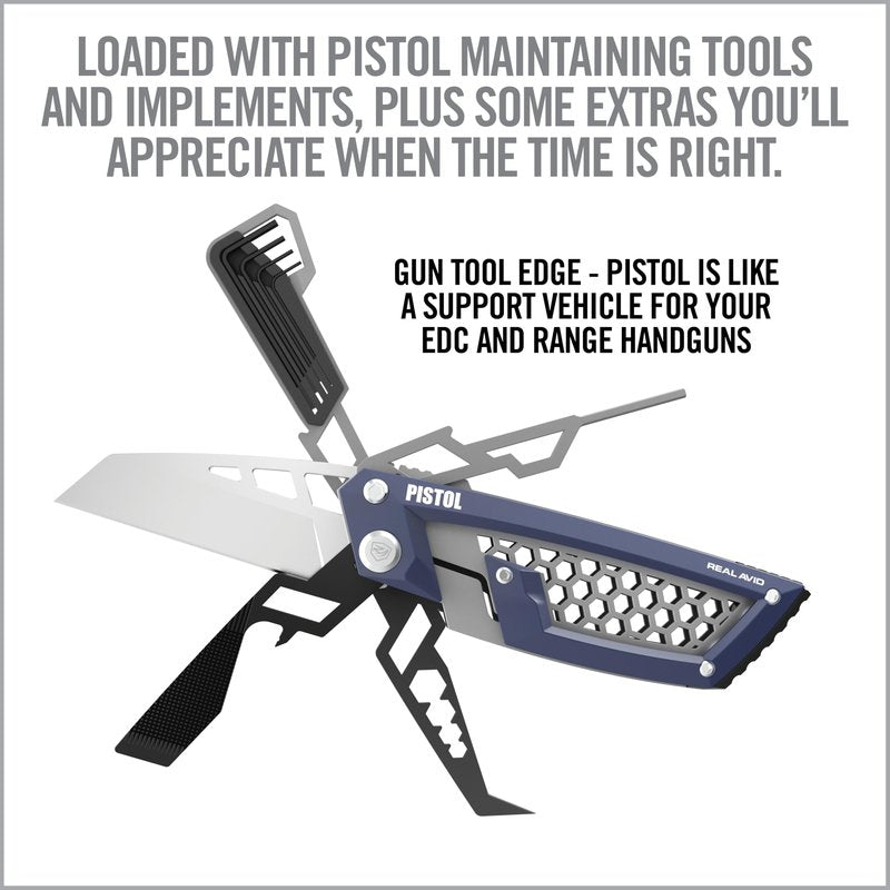 Real Avid Gun Tool Edge Pistol – Compact EDC Multitool with 2.6 Inch Knife Blade, Hex Keys, 3/32" Pin Punch, Nut Wrenches, Tap Hammer and Pick - Everyday Carry Tool for Sight Adjustments & Disassembly