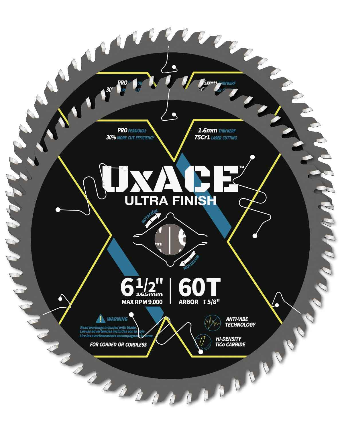 UXACE 6-1/2-Inch 60-Tooth Circular Saw Blade with 5/8-Inch Arbor, Ultra Finish Wood Cutting, Carbide Tip, Thin Kerf, for Plywood, MDF, OSB, Laminated, 2 Pack