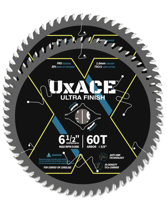 UXACE 6-1/2-Inch 60-Tooth Circular Saw Blade with 5/8-Inch Arbor, Ultra Finish Wood Cutting, Carbide Tip, Thin Kerf, for Plywood, MDF, OSB, Laminated, 2 Pack