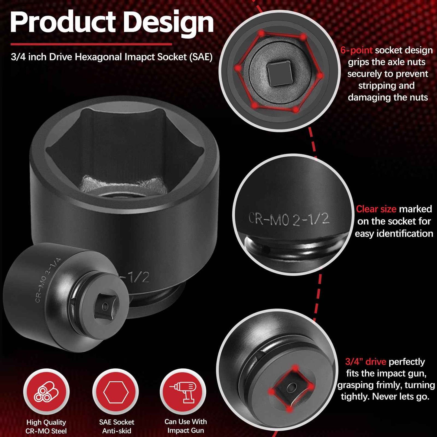 3/4" Drive Spindle Axle Nut Impact Socket Set, 6 Point Large Socket Set, CR-MO, 2-1/16" to 2-1/2", Heavy Duty Impact Socket Set Use In Removing And Installing Axle Nuts