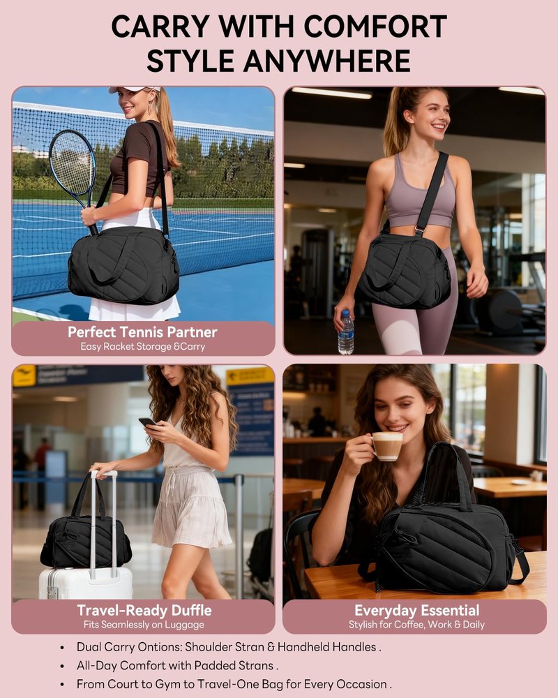 Tennis Tote Bag for Women – Waterproof Lightweight Travel Gym Bag with Shoulder Strap, Holds 2 Rackets, Pickleball & Badminton Bag with Shoe Compartment, Wet/Dry Separation, Fits 15.6" Laptop, Black