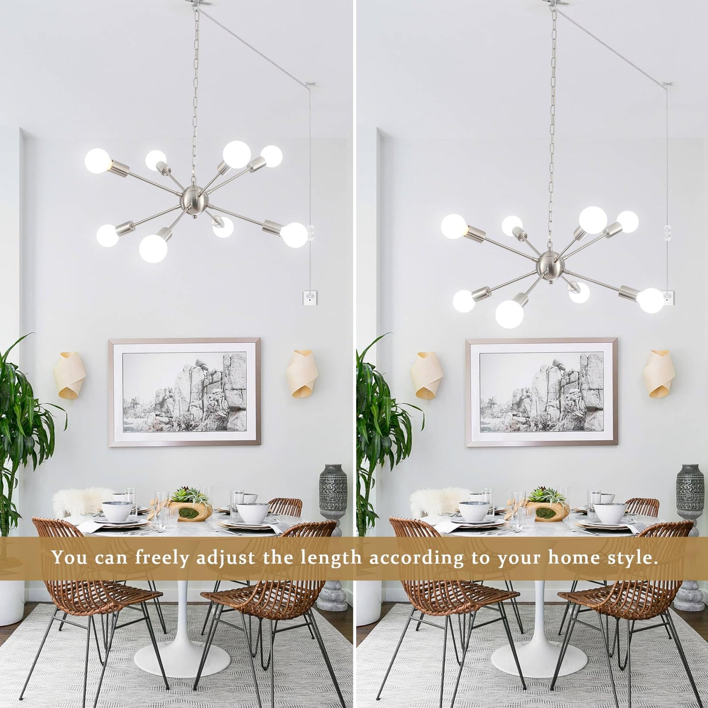 LJHhowe Plug in Chandelier 8 Lights Pendant Light Hanging Lights Fixture Ceiling with Plug in Cord 16.4ft & On/Off Switch Brushed Nickel Sputnik Chandelier for Dining Living Room Kitchen Foyer