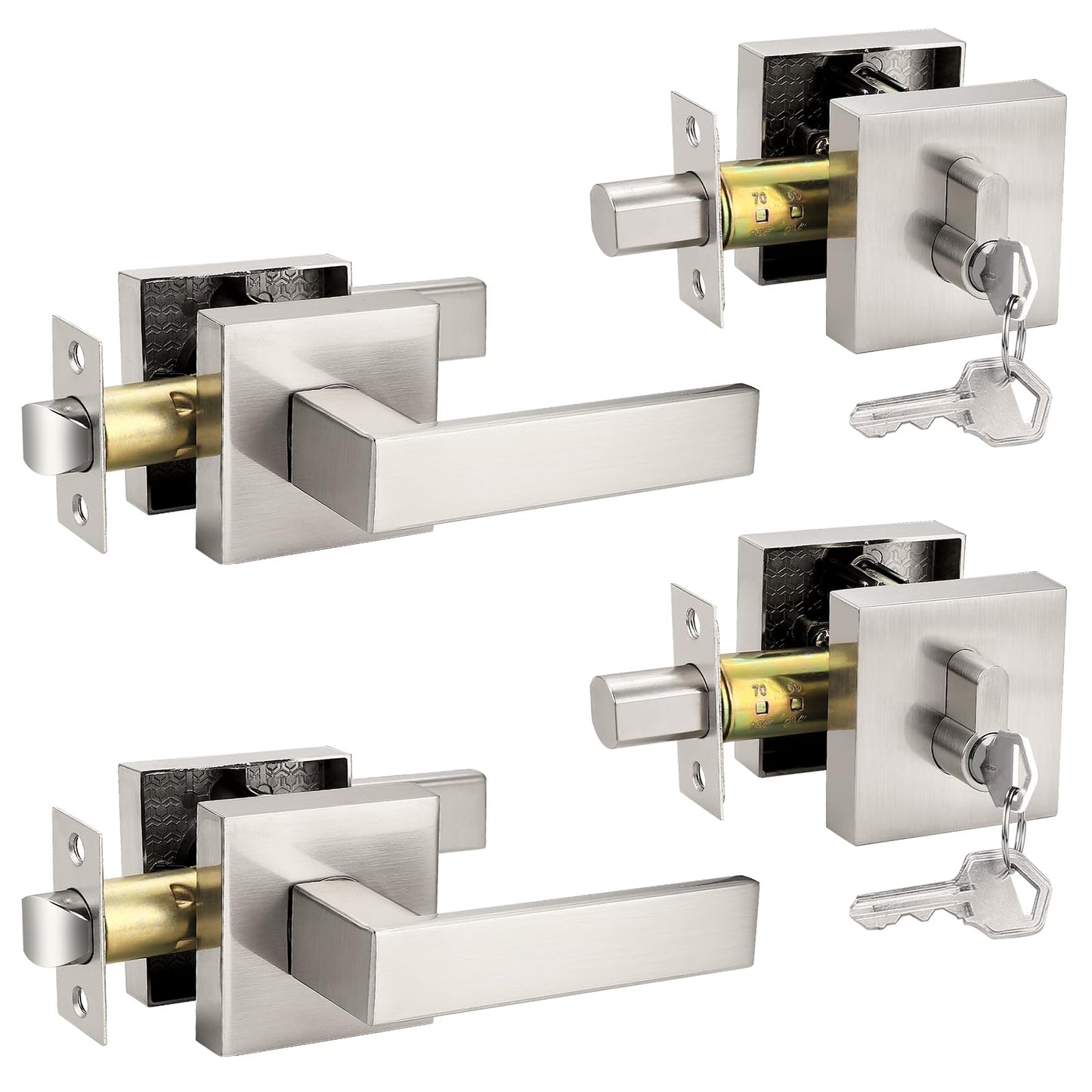 Probrico Brushed Nickel Passage Door Lever with Single Cylinder Deadbolts Combo Pack, Modern Square Lock Set Handleset,Exterior Handle and Set,Same Keys, 2 Pack