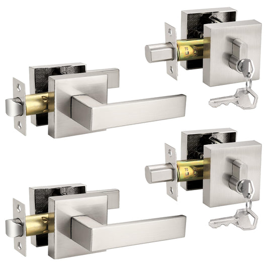 Probrico Brushed Nickel Passage Door Lever with Single Cylinder Deadbolts Combo Pack, Modern Square Lock Set Handleset,Exterior Handle and Set,Same Keys, 2 Pack