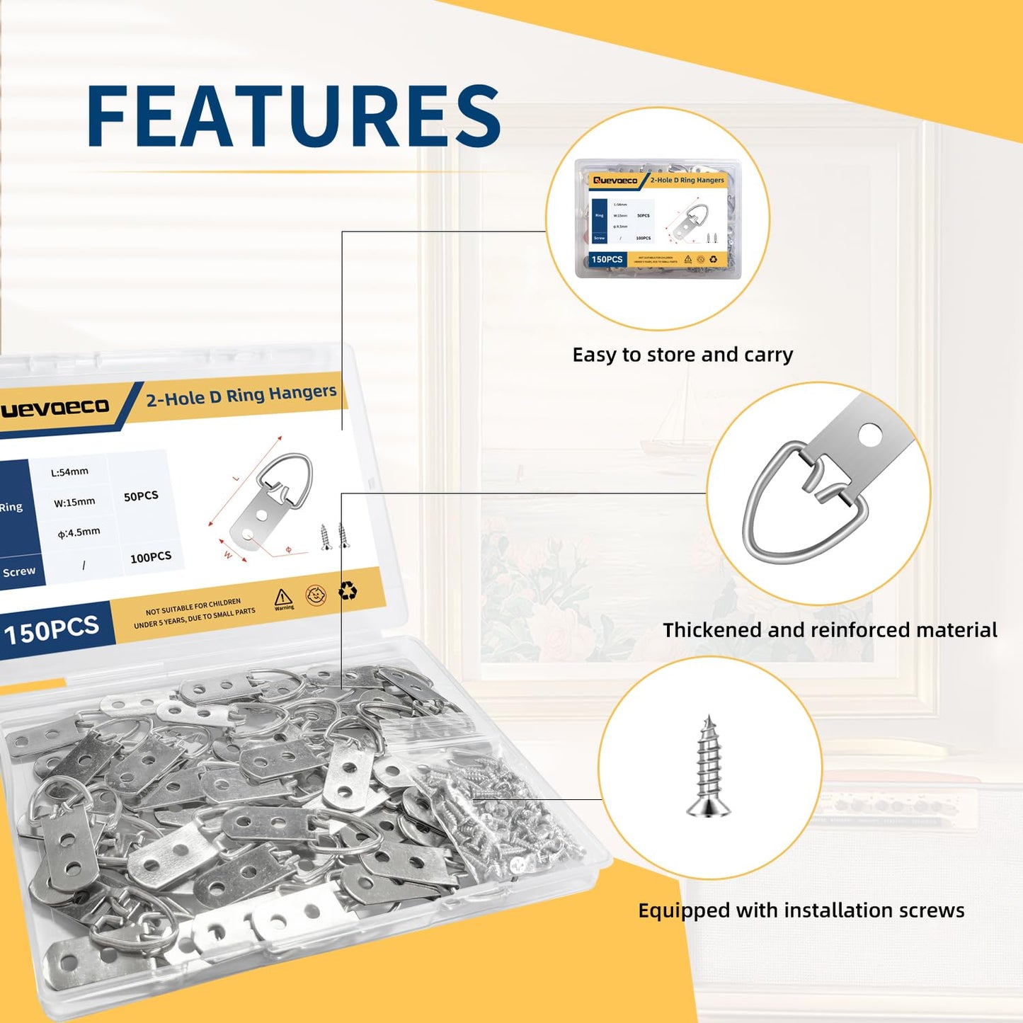 Quevaeco 50PCS D Ring Picture Hangers with Screws, 2-Hole Heavy Duty D Rings Frame Hooks for Picture Hanging, Photo Frames, Canvas, Mirrors, Artwork, and Decor Supplies