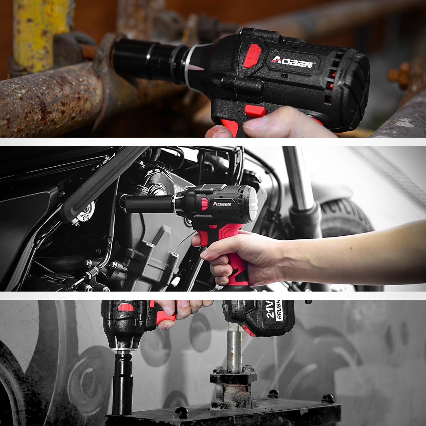 AOBEN 21V Cordless Impact Wrench Powerful Brushless Motor with 1/2" Square Driver, Max 300 Torque ft-lbs (400N.m),2X 4.0A Li-ion, 6Pcs Impact Sockets,Fast Charger and Tool Bag