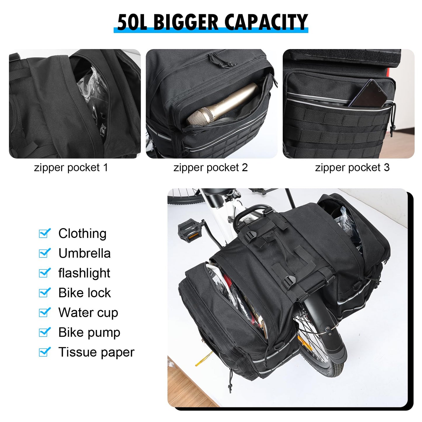 AIWARGOD 50L Bike Panniers, Large Bicycle Rear Rack Bag, Waterproof Ebike Storage Saddle Bag with Rain Cover, Mountain Electric Bike Rear Seat Bag Carrier for Cycling Traveling Commuting