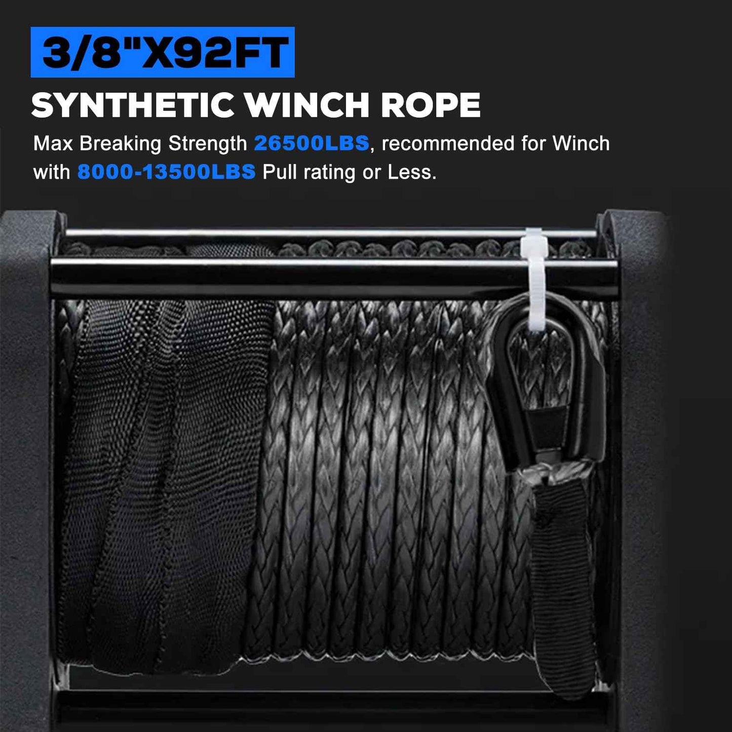 Synthetic Winch Rope Kit, 3/8" x 92ft 26500LBS Blue+Black Winch Cable with Protective Sleeve, Forged Winch Hook and Safety Pull Strap 4WD Off Road Vehicle SUV Truck