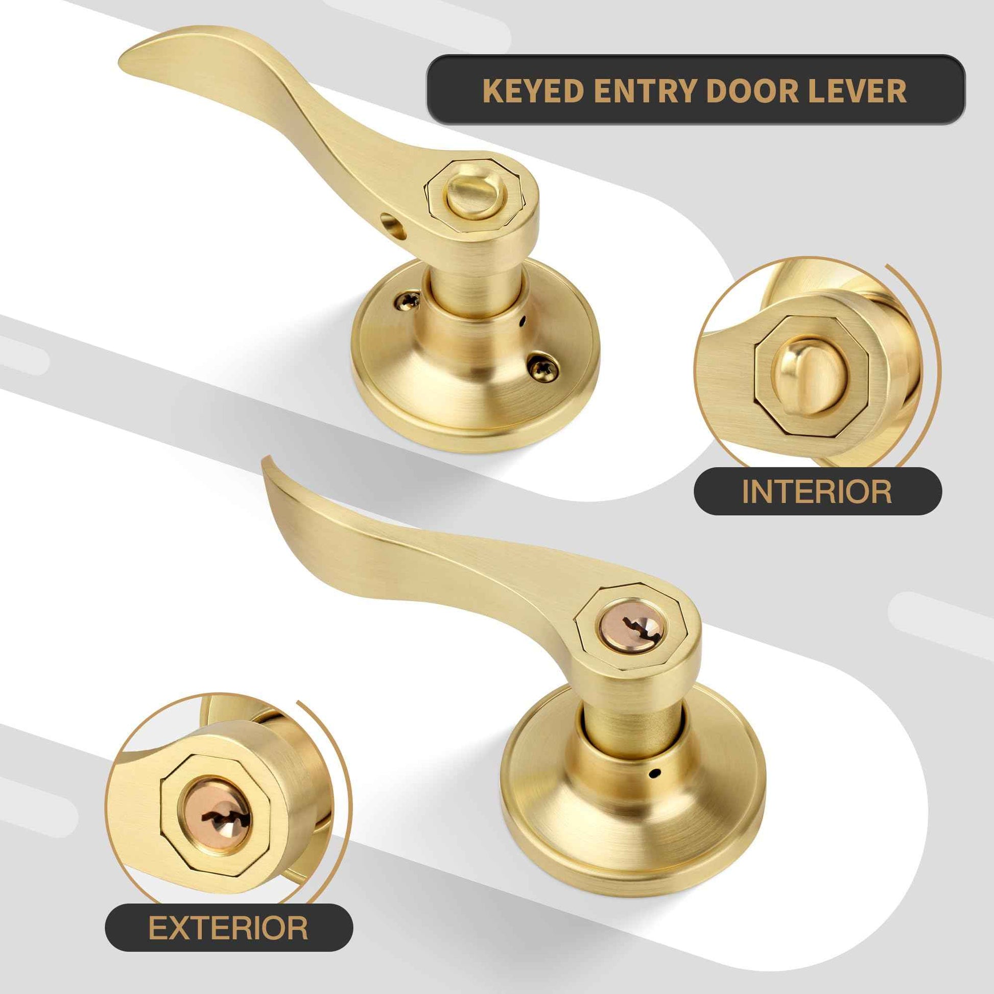 Gaurqiah 5 Pack Brushed Gold Door Handles Interior Wave Style（Keyed Alike）， Keyed Entry Gold Door Handles with Same Key and Lock, Reversible Door Lever for Bedroom、Bathroom、Closet, Satin Brass