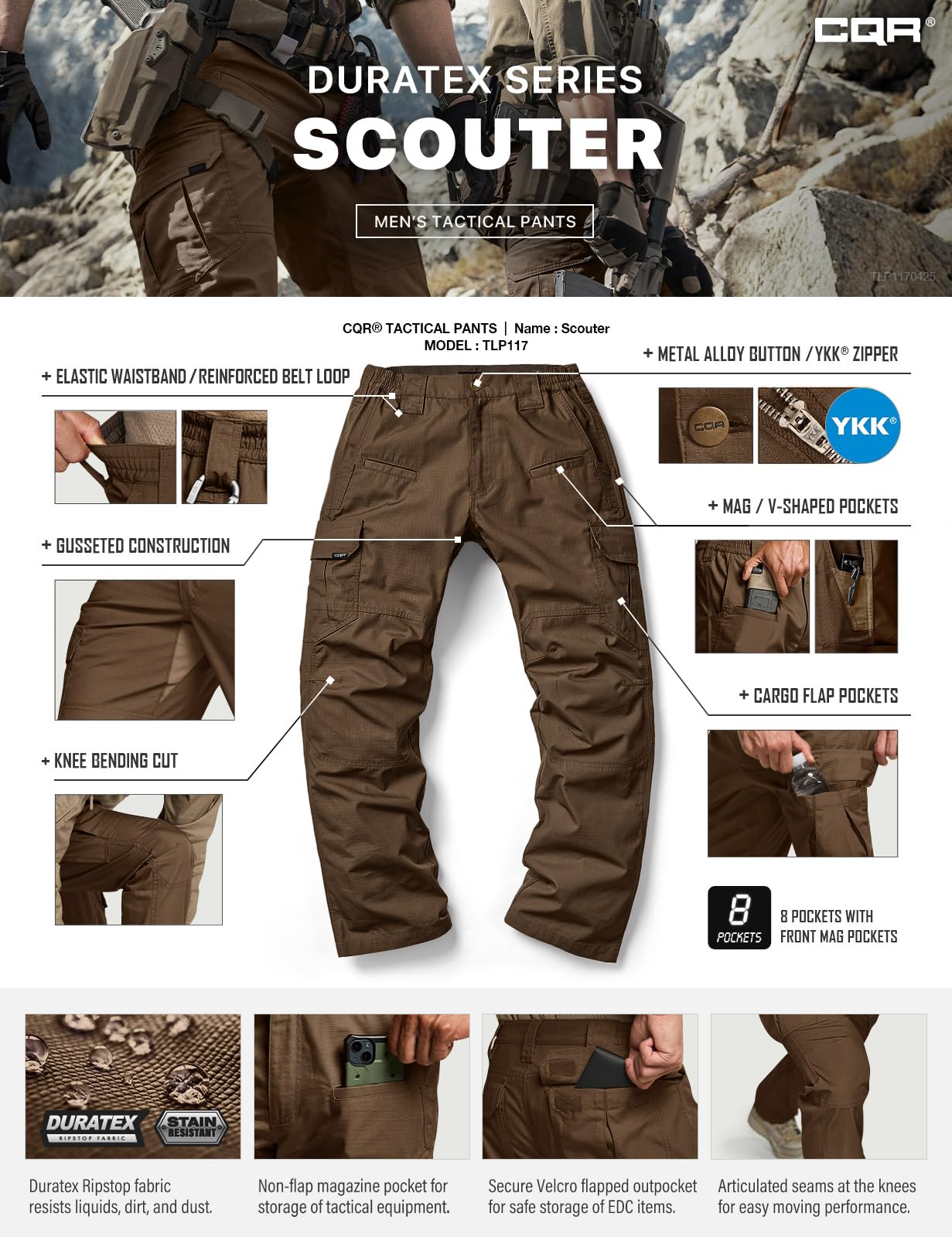 CQR Men's Tactical Pants, Water Resistant Ripstop Cargo Pants, Lightweight EDC Work Hiking Pants, Outdoor Apparel, Raider Tundra, 40W x 34L