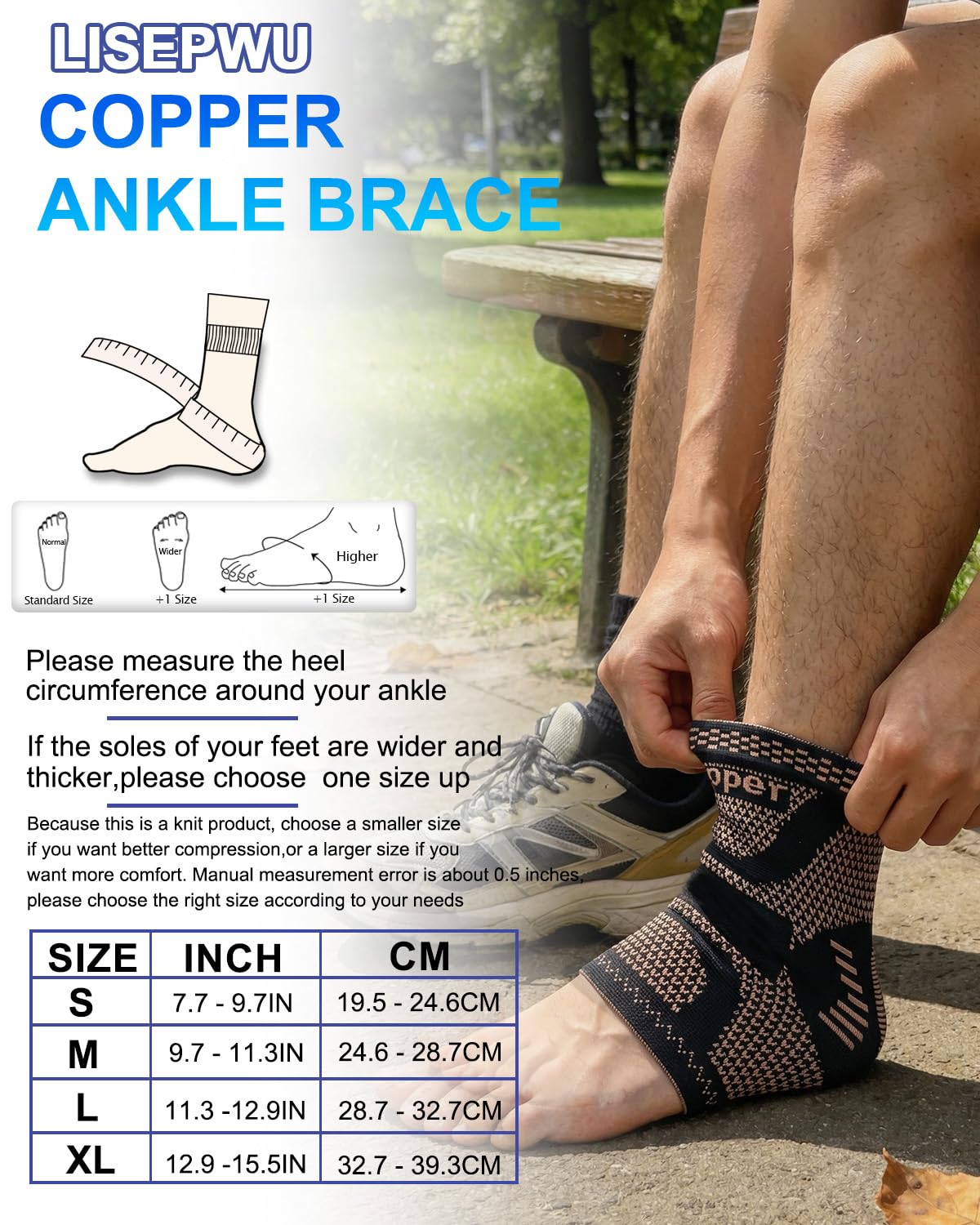 LISEPWU Copper Ankle Brace, Copper Infused Ankle Support Compression Sleeve for Men & Women, for Foot Pain Relief, Sprained Recovery, Achilles Tendonitis, Daytime or Night Use(XL)
