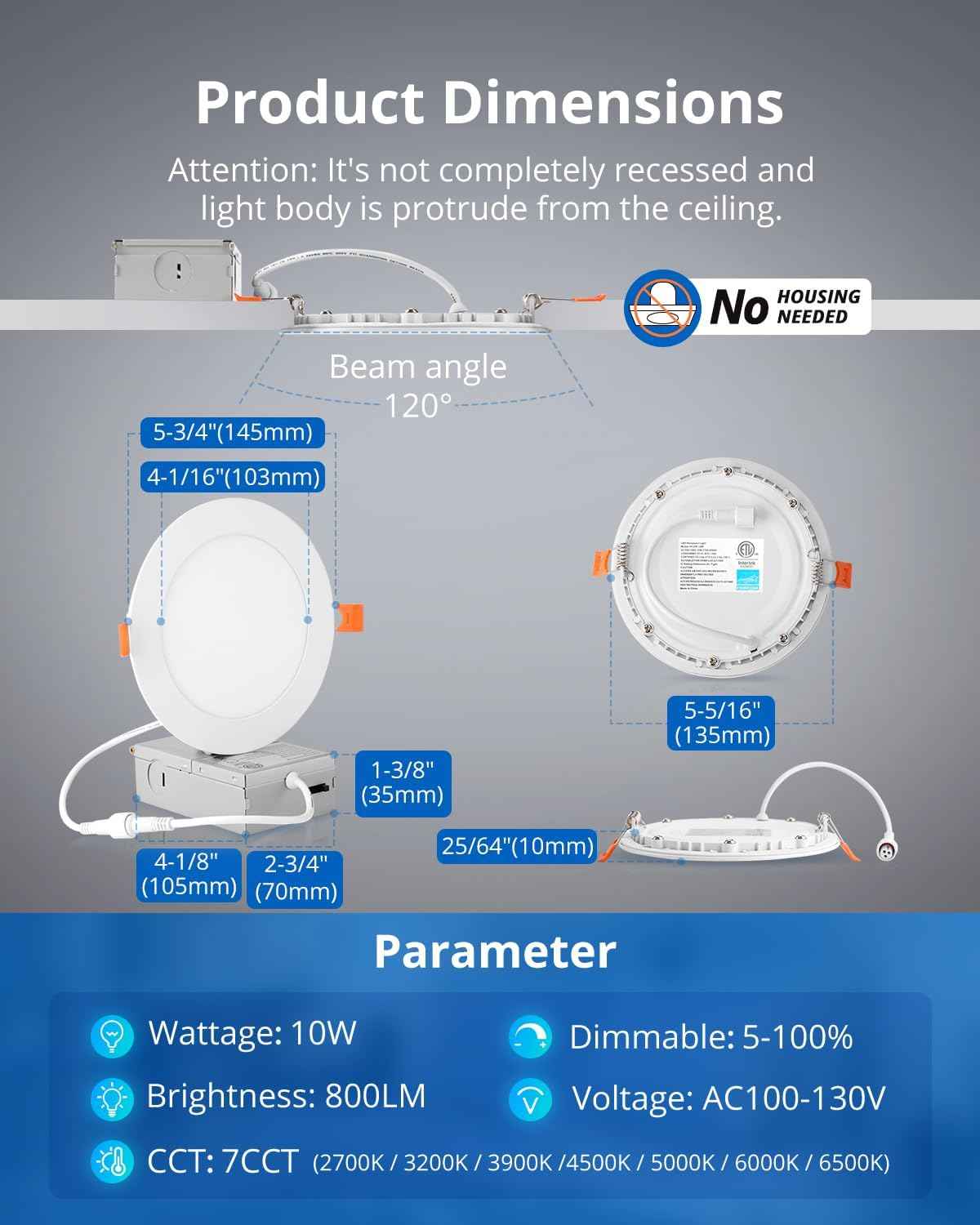 10W Dimmable 5-Inch LED Recessed Ceiling Light - Ultra Thin Canless Downlight, 800LM, 7CCT, Damp-Rated for Kitchen & Bathroom, 8 Pack
