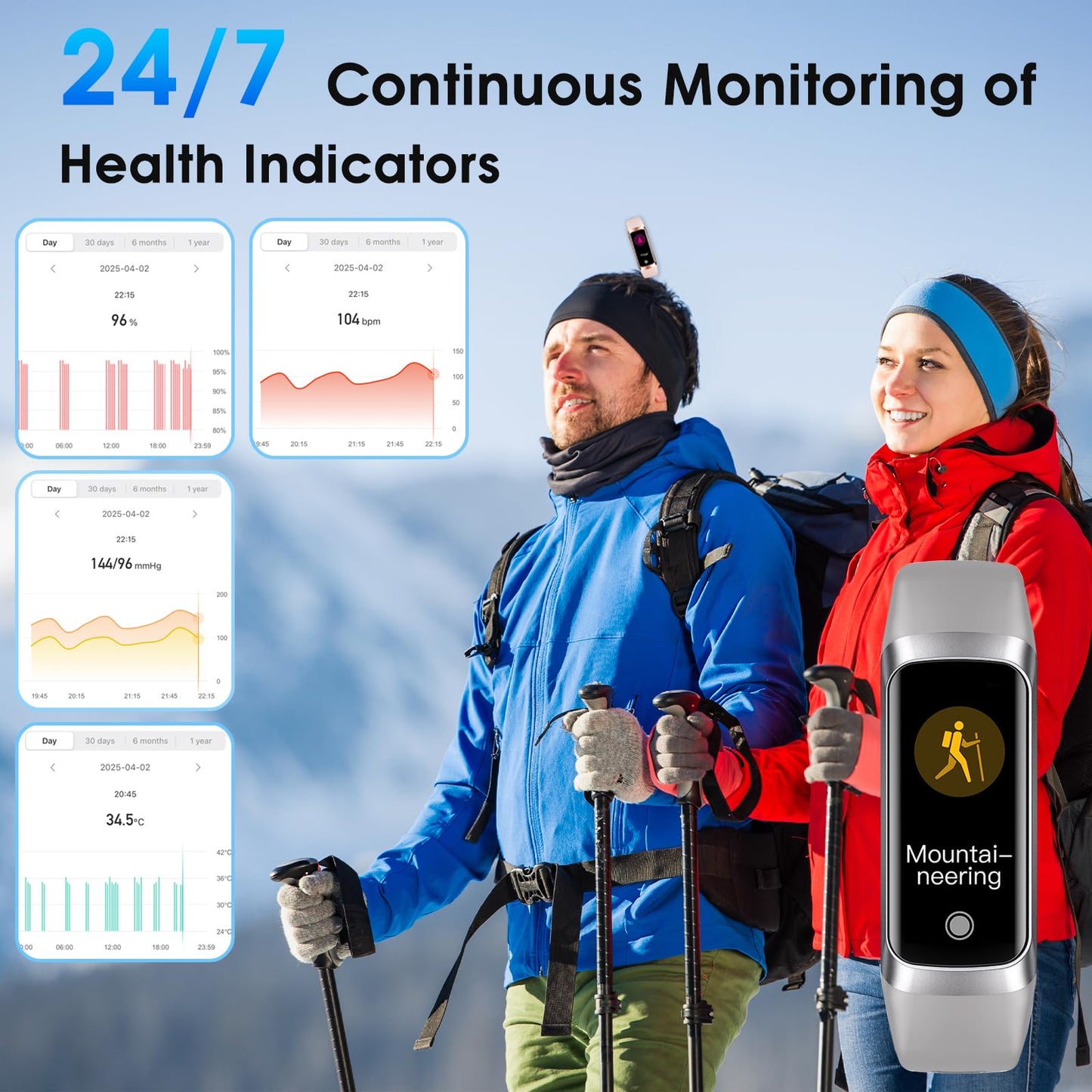 Fitness Tracker, 24/7 Heart Rate Blood Oxygen Blood Pressure Body Temp Monitor Sleep Calorie Tracker with 1.1" AMOLED Touch Color Screen Pedometer Smart Watch Waterproof for Women Men (Silver Gray)
