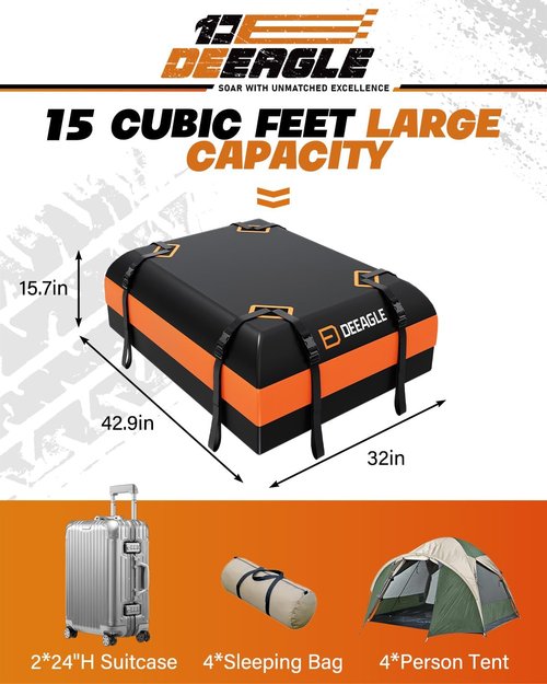 DEEAGLE Rooftop Cargo Carrier - 15 Cubic Feet Waterproof Soft Bag for Vehicles Without Roof Rack | Includes Non-Slip Mat & 8 Straps