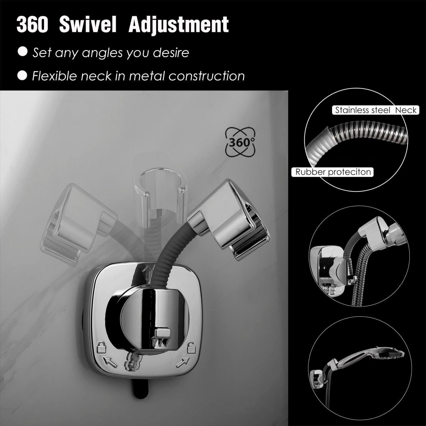 Suction Cup Handheld Shower Head Holder - Reusable - 360 Swivel Adjustable - Wall Mount Shower Wand Holder - ( Chrome Finish)