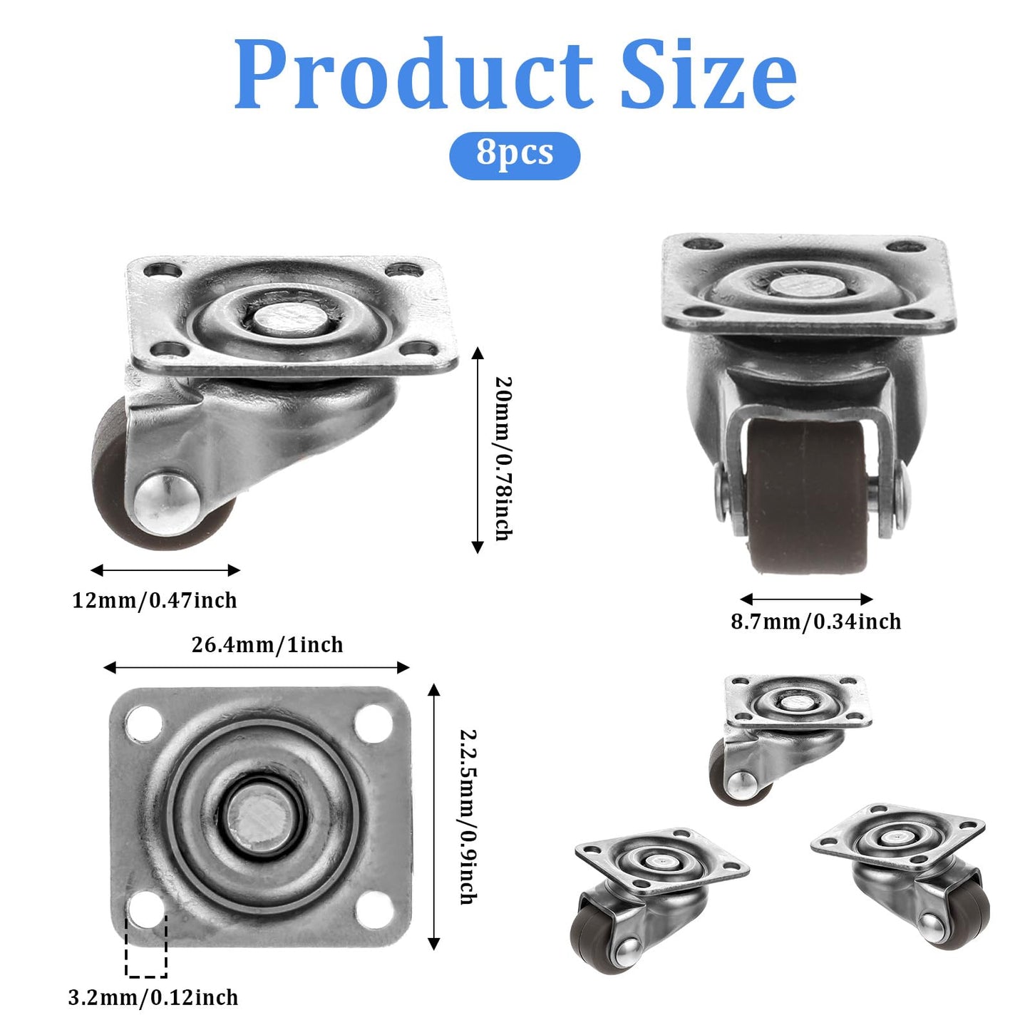 8Pcs 1/2inch Small Caster Wheels, 360 Degree Swivel Casters Set, Caster Wheels with Base Ball Bearing for Small Furniture, Kitchen Appliances, Mop Bucket, No Noise