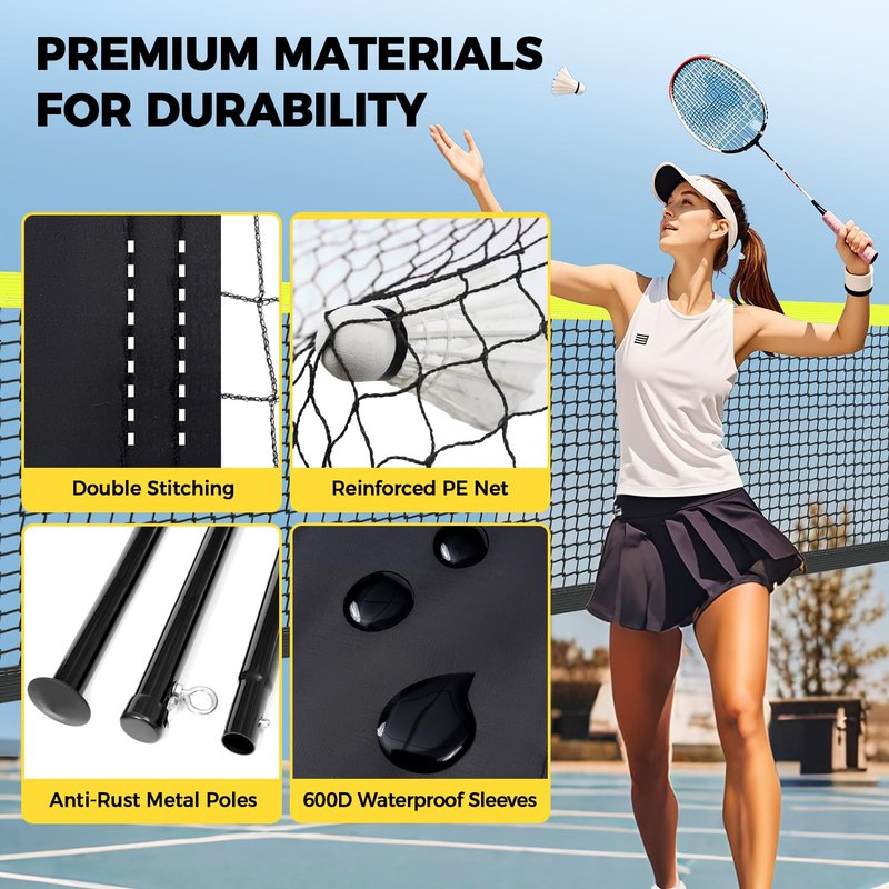 BAGAIL Outdoor Badminton Net Set with Anti-Sag Winch System - Official Size 20ft x 5ft, 4 Rackets, 3 Shuttlecocks, Durable PE Net & Carry Bag for Backyard, Beach, Family Games - Yellow