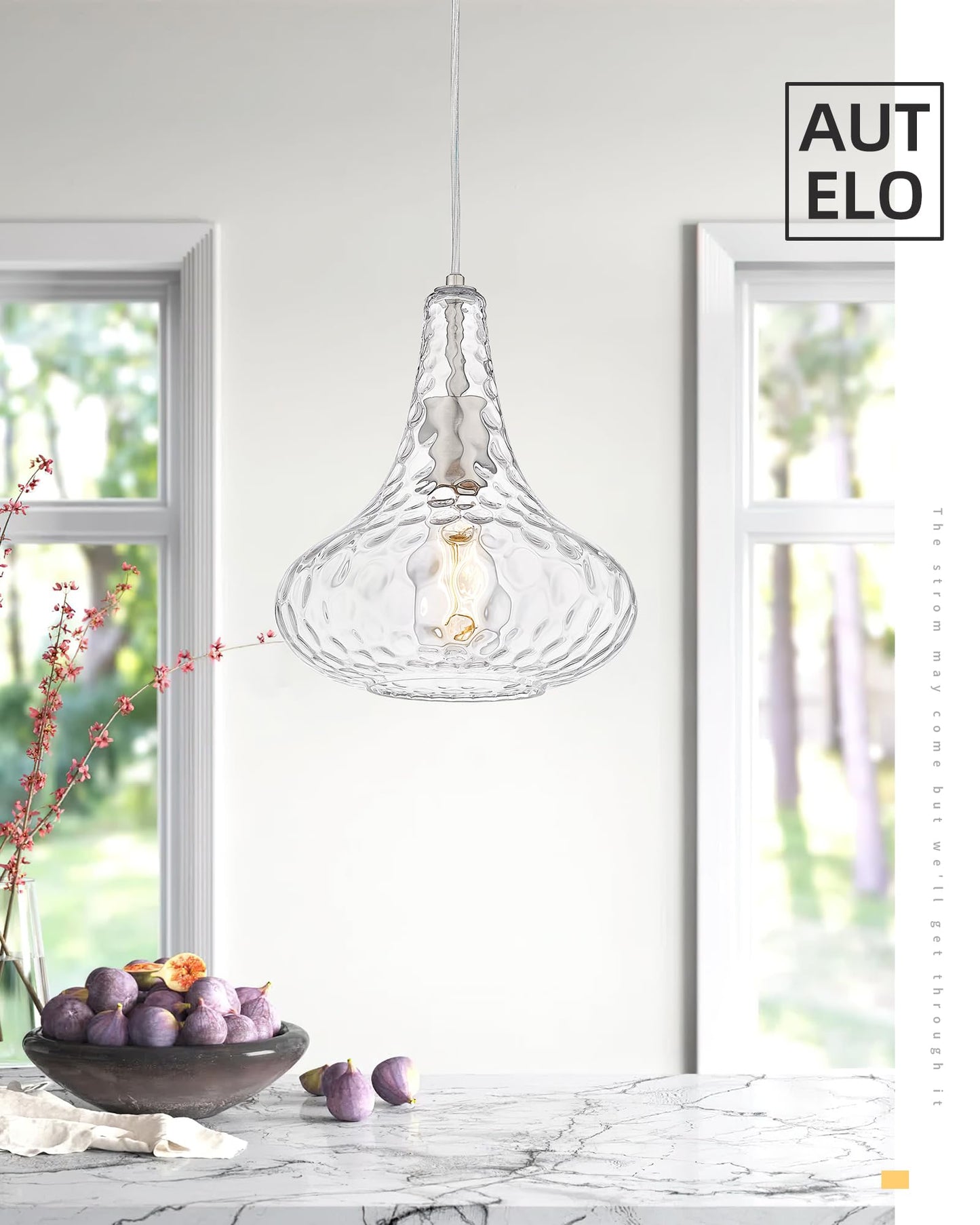 AUTELO Glass Kitchen Pendant Lights Pendant Light Fixture with Hammered Glass Hanging Light for Kitchen Island Living Room Dinning Room H9164