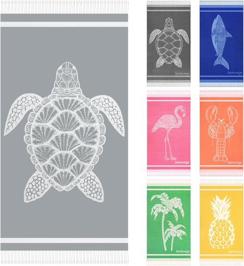 Genovega Oversized Cotton Turkish Beach Towels 72"x36" Lightweight Quick Dry Sandless Pool Swim Towel Large No Sand Adult Travel Compact Blanket Essentials Cruise Accessories Must Haves Grey Turtle