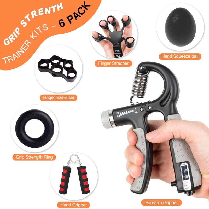 CYFIE Grip Strength Trainer Kit (6 Pack), Hand Grip Strengthener, with Adjustable, Forearm Strengthener, Finger Strengthener, Finger Exerciser, Stress Relief Ball & Grip Ring for Workout, Muscle Building and Recovery