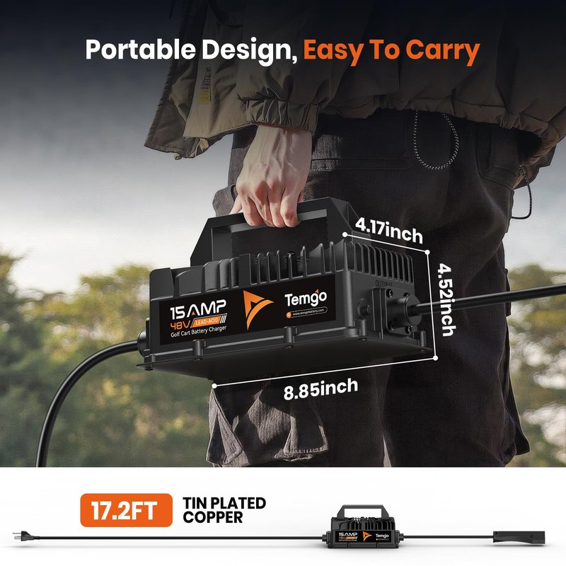 15 AMP 48 Volt Golf Cart Battery Charger for EZGO RXV/TXT, 3-Pin Triangular Plug Fast Charge for Lead Acid Battery, IP67 Waterproof 48V 15A Golf Cart Charger with Fan (Lead Acid for EZGO)