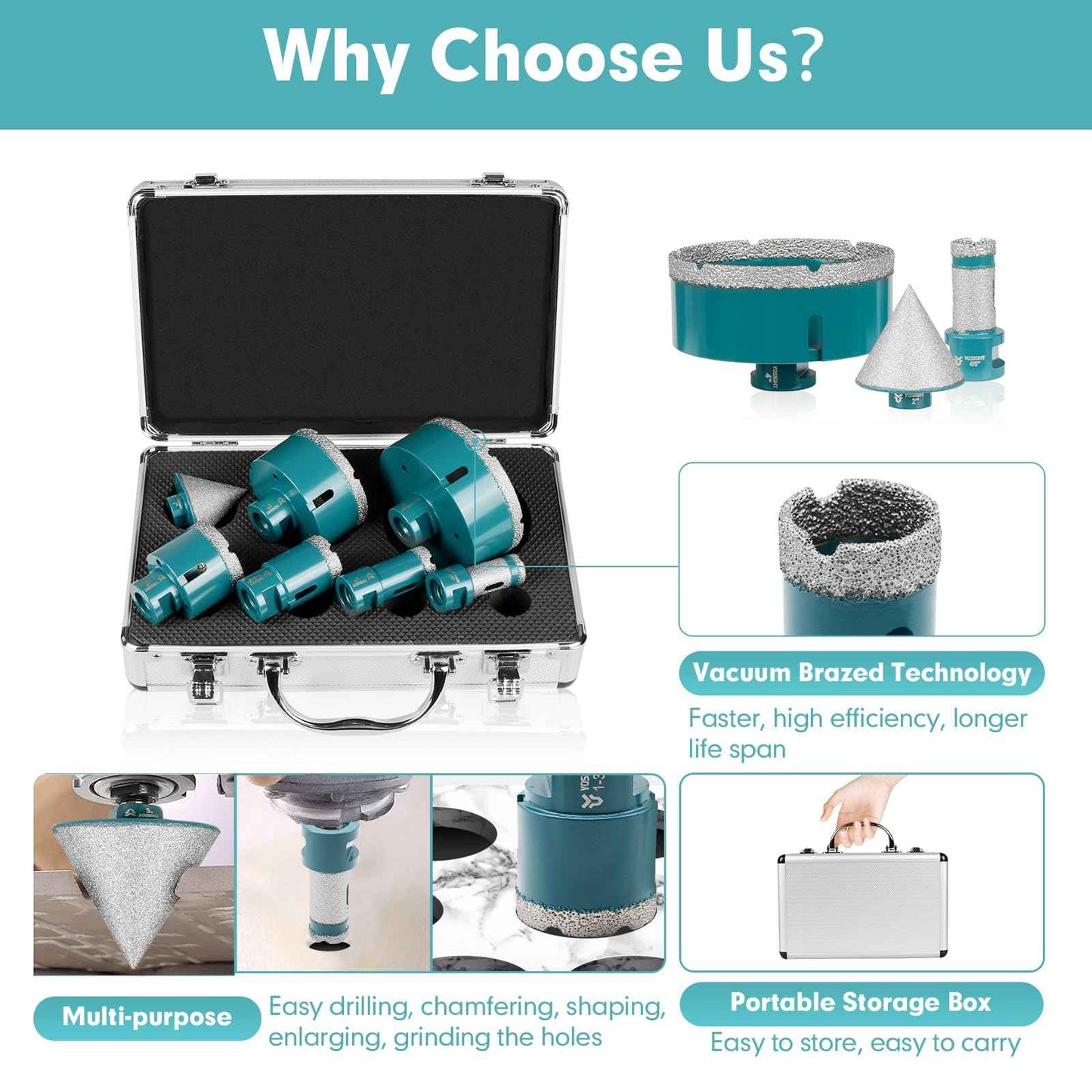 7Pcs Diamond Core Drill Bits Set - 5Pcs 25/35/50/75/100mm Drill Bits & 1Pc 50mm Chamfer Bit & 1pc 20mm Drilling Milling Bit - Hole Saw Set for Tile Granite Garble