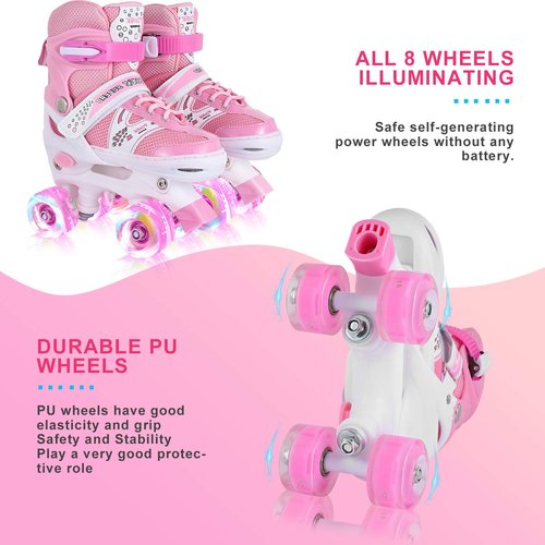 Adjustable Roller Skates for Girls & Kids, 4 Sizes, All Wheels Light Up, Fun Illuminating, Beginner-Friendly, Small(12J-2), Pink