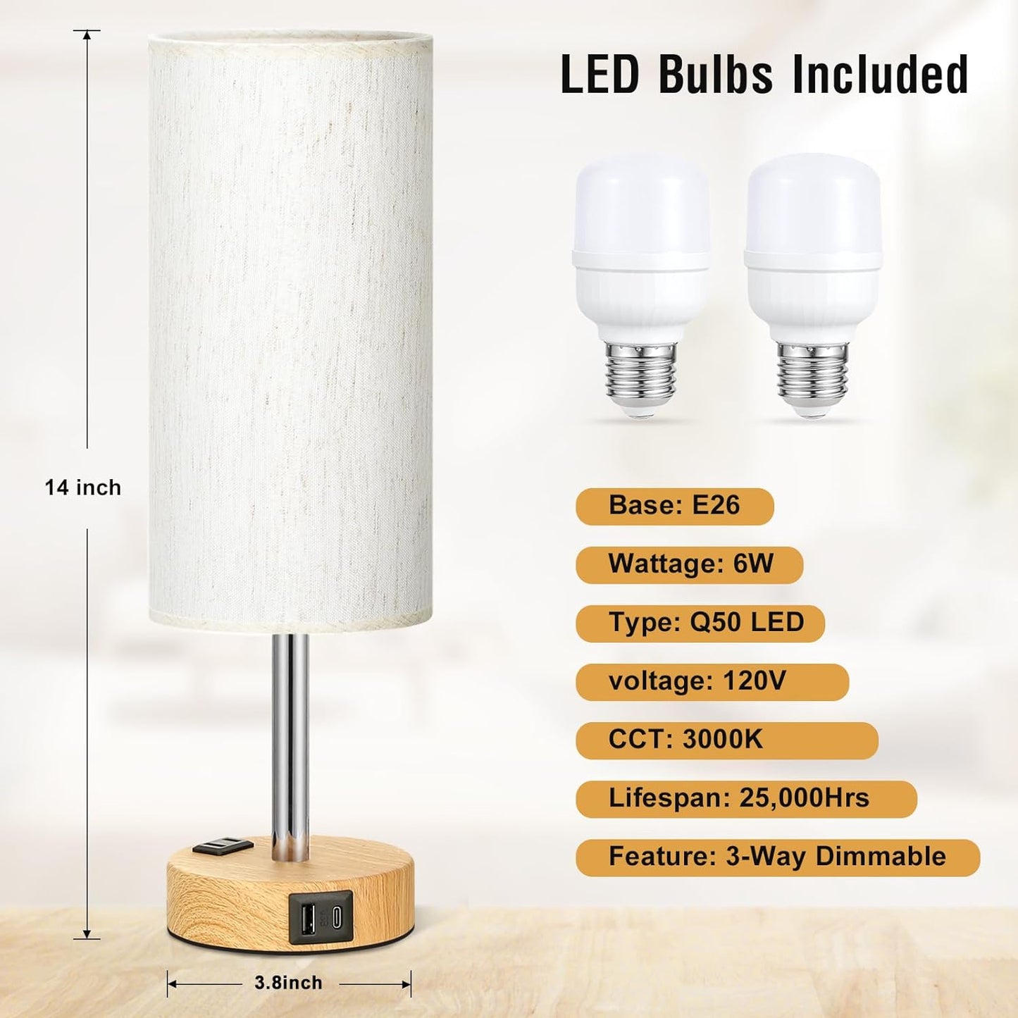 3-Way Dimmable Touch Table Lamps Set of 2 with USB Charging & Wood Grain Base