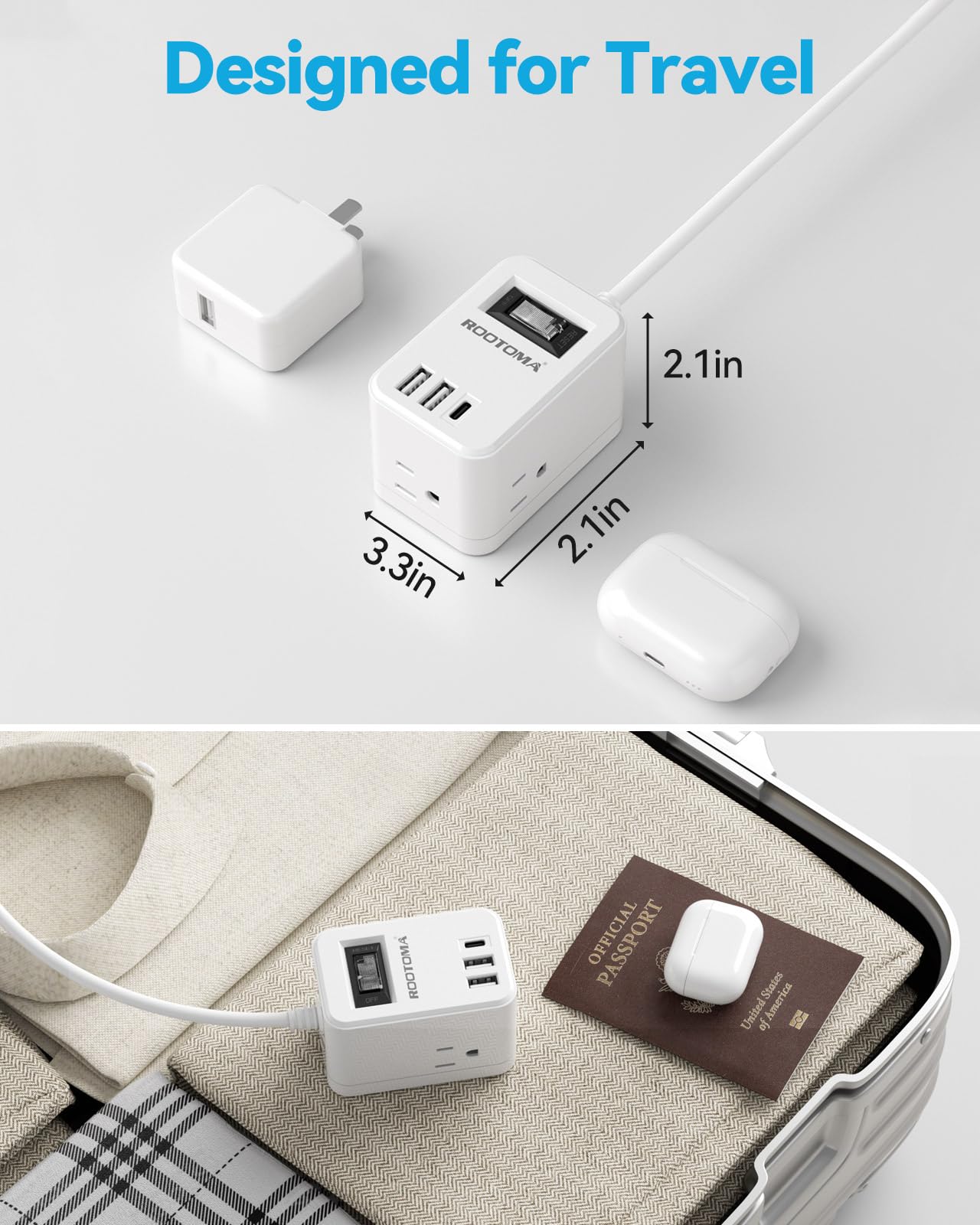 6ft Small Extension Cord, Cruise Approved Outlet, 3-Side Outlet Extender, Power Strip Cube with 3 Outlets 3 USB Ports (1 USB C), Non Surge Protector for Travel