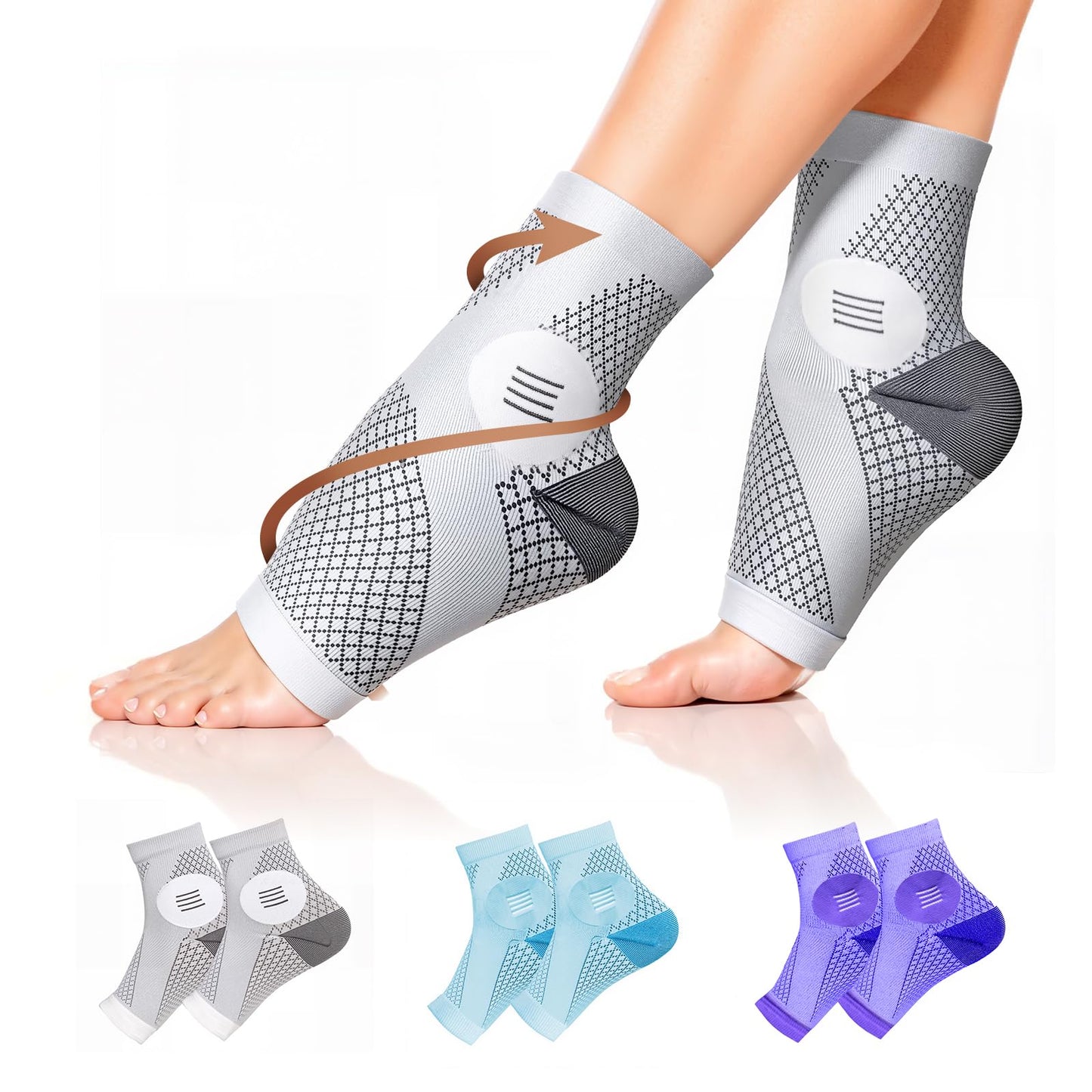 3 Pairs Neuropathy Socks for Women & Men, [Ultra Breathable] Plantar Fasciitis Socks for Achilles Tendonitis Relief, [20-30 mmHg Compression] Ankle Socks for Arch Support (Grey+Blue+Purple, Large)
