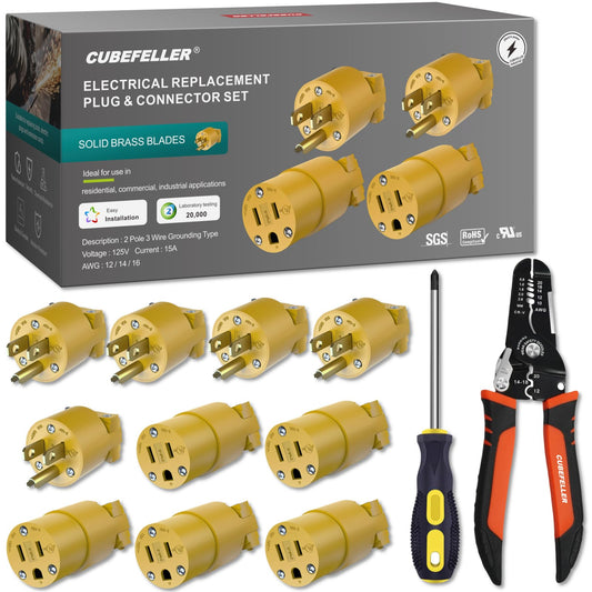 CUBEFELLER® Electrical Replacement Plug & Connector Set, Extension Cord Ends Male and Female, 3 Prong,15 Amp 125 Volt, NEMA 5-15P & 5-15R, UL Listed,Comes with Wire Stripper and Screwdriver,ER1105S