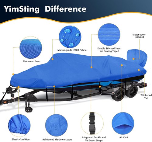 1200D Waterproof Boat Cover - Heavy-Duty Canvas for 14' to 16' Bass, V-Hull & Tri-Hull Boats - Blue