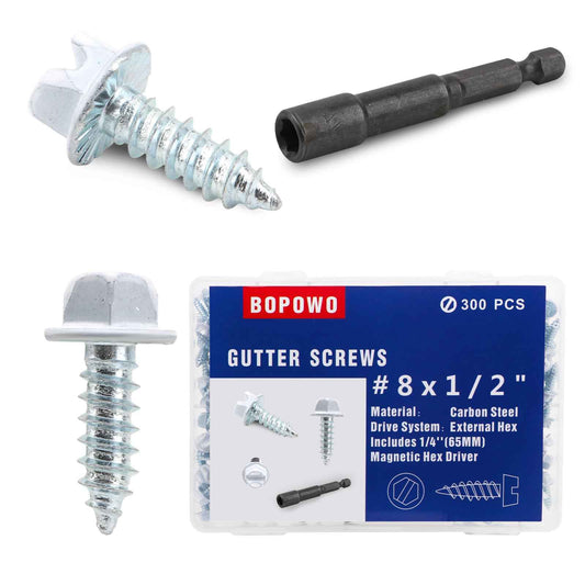 BOPOWO 300 Pcs #8x1/2 Self-Tapping Gutter Screws White Painted Slotted Hex Washer Head #8x1/2 Zinc Plated Finish, Includes 1/4" Magnetic Hex Driver – for Gutter Install