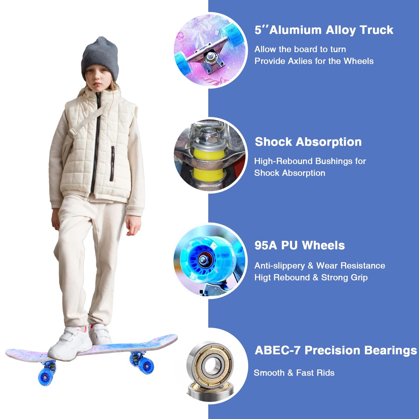 Skateboards for Beginners Kids Boys Girls and Adults,31''x8'', 7-Layer Maple, Double Kick Concave, Fascinating Cool, Solid&Durable