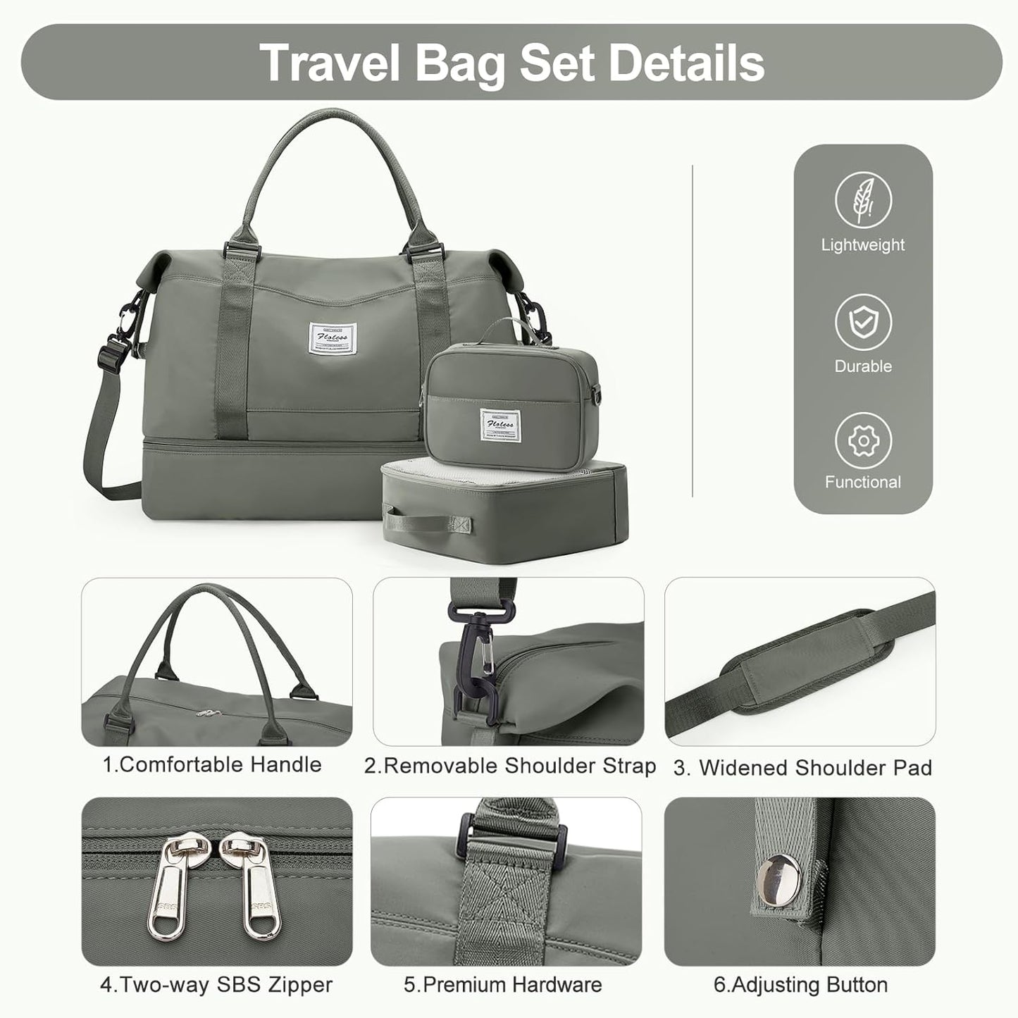 Skiennix Travel Duffle Bag - Stylish Weekender Bag with Shoe Compartment | Olive Green, 3-Piece Set