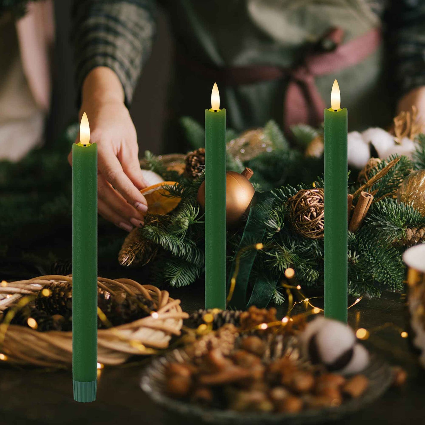 Green Flameless Taper Candles 9.6" Christmas LED Candles Real Wax with Remote Timer, Battery Operated LED Candles Set with 3D Flickering Flame, Classic Flickering Candlesticks for Home, Party, 3 Pack