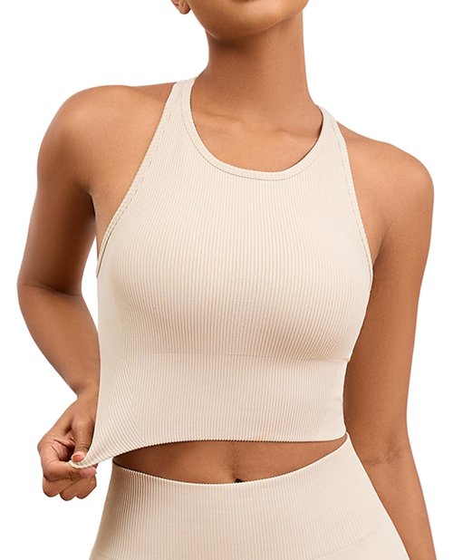 AegisChic High Neck Beige Sports Bras for Women Long Line Yoga Ribbed Tank Top with Built-in Bra Gym Athletic Workout Racerback