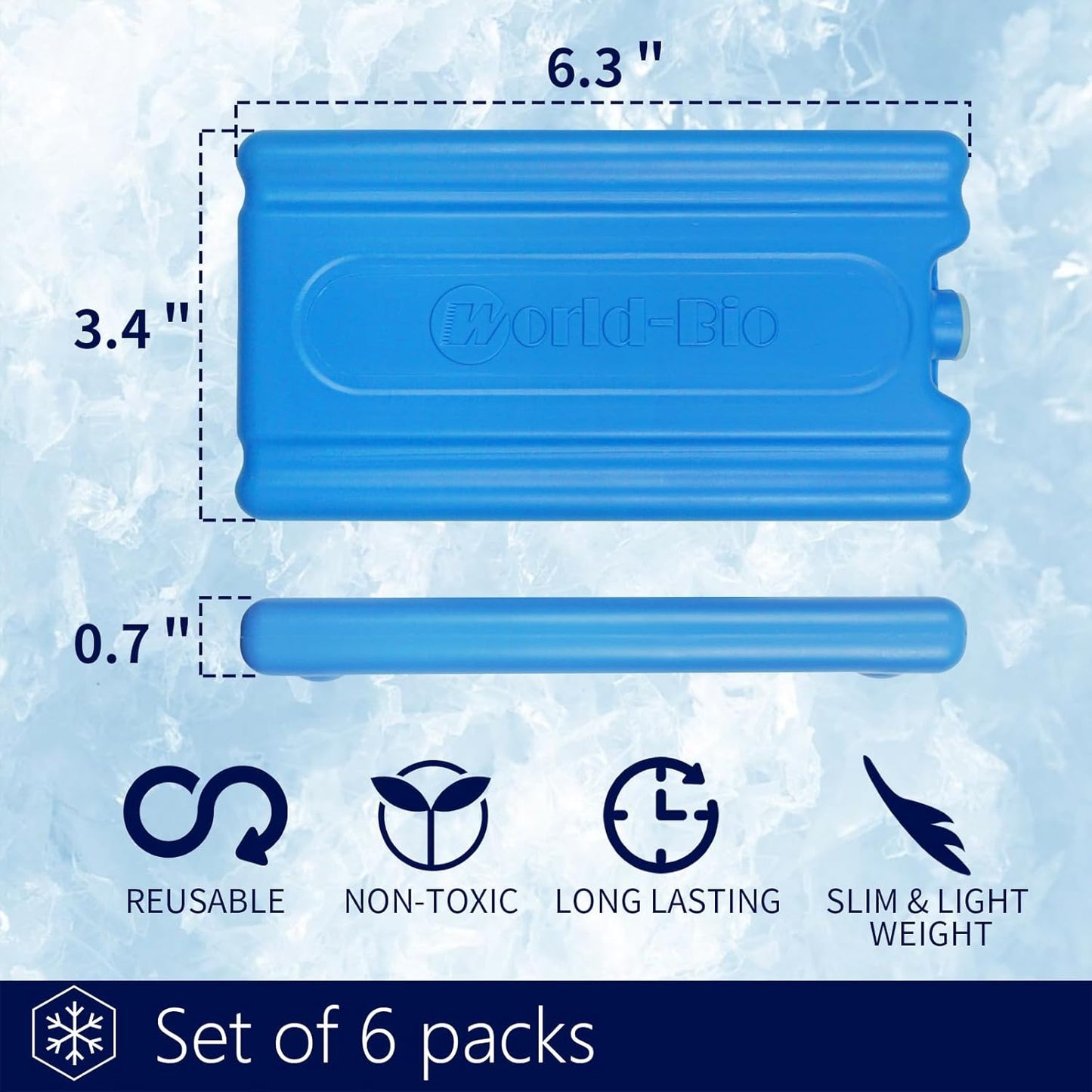 WORLD-BIO Reusable Ice Packs for Lunch Boxes & Coolers, Leakproof Quick Freeze Cold Packs for Picnics, Beach, Camping, Work - Long Lasting to Keep Drinks Cold (Thin Ice Packs 6 Pcs)